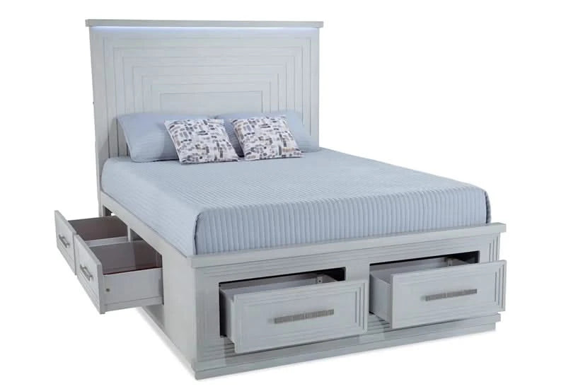 Infinity White Contemporary Storage Platform Bed Includes Headboard with LED Lighting, Footboard and Rails
