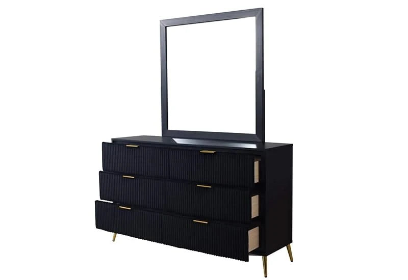 Kailani Black Contemporary 5 PC Bedroom Set with Bed (Headboard, Footboard, and Rails), Dresser and Mirror