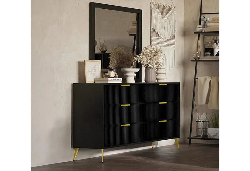 Kailani Black Contemporary 5 PC Bedroom Set with Bed (Headboard, Footboard, and Rails), Dresser and Mirror