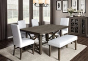 Kiara Brown Rustic Farmhouse 6PC Dining Set with 66” Wooden Table, 4 Fabric Chairs and 1 Fabric Bench