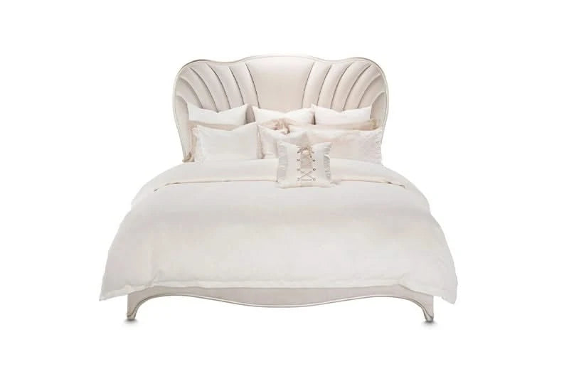 London Place Pearl Cream Modern Glam 5-Piece Bedroom Set with Upholstered Bed and Marble Top (Queen/King)