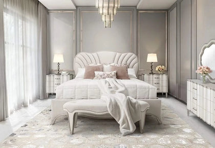 London Place Pearl Cream Modern Glam 5-Piece Bedroom Set with Upholstered Bed and Marble Top (Queen/King)