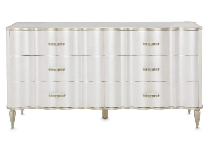 London Place Pearl Cream Modern Glam 5-Piece Bedroom Set with Upholstered Bed and Marble Top (Queen/King)