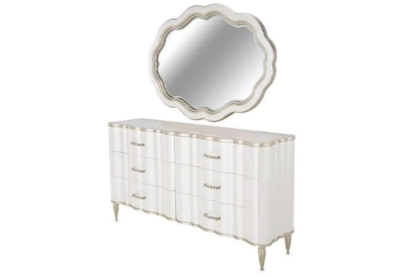 London Place Pearl Cream Modern Glam 5-Piece Bedroom Set with Upholstered Bed and Marble Top (Queen/King)