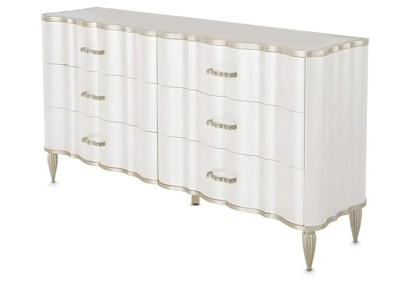 London Place Pearl Cream Modern Glam 5-Piece Bedroom Set with Upholstered Bed and Marble Top (Queen/King)