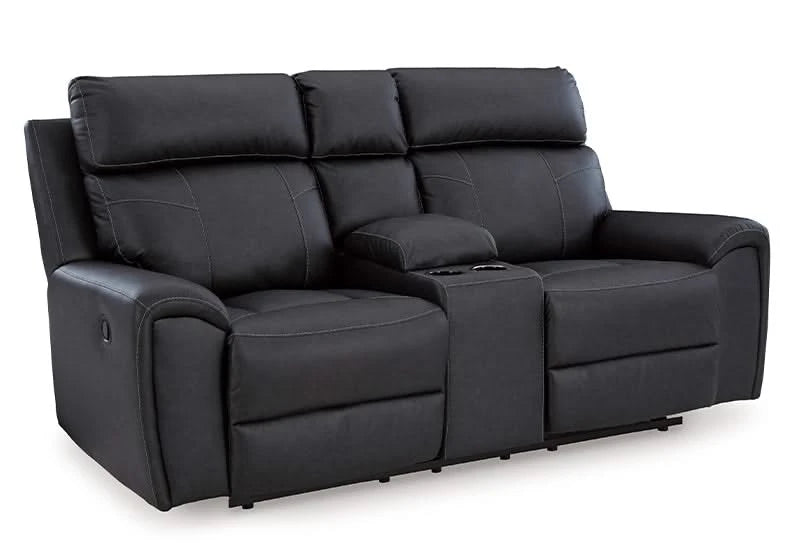 Miles Gunmetal Black Reclining Glider Loveseat with Storage Console and Cup Holders