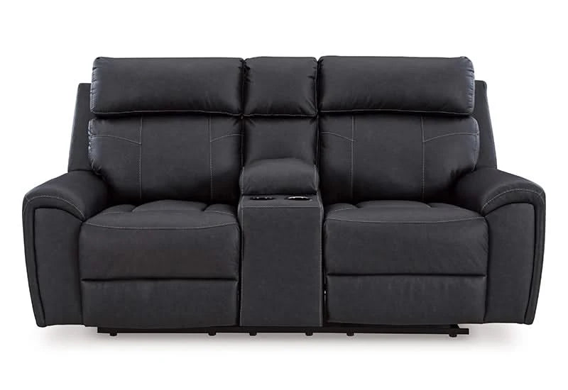 Miles Gunmetal Black Reclining Glider Loveseat with Storage Console and Cup Holders