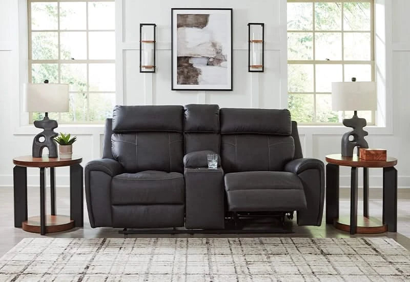 Miles Gunmetal Black Reclining Glider Loveseat with Storage Console and Cup Holders