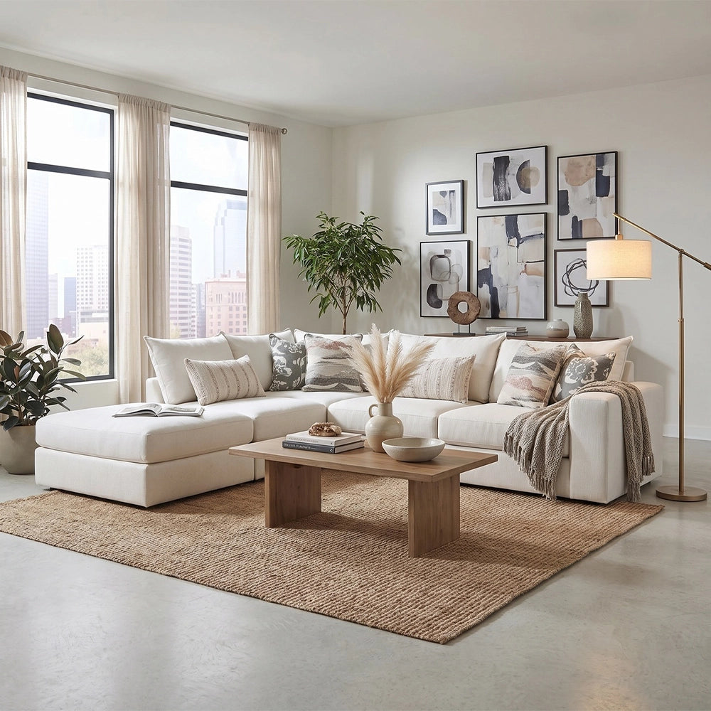Missionary Salt Off White Transitional 5-Piece Modular Sectional with Chaise and Accent Pillows