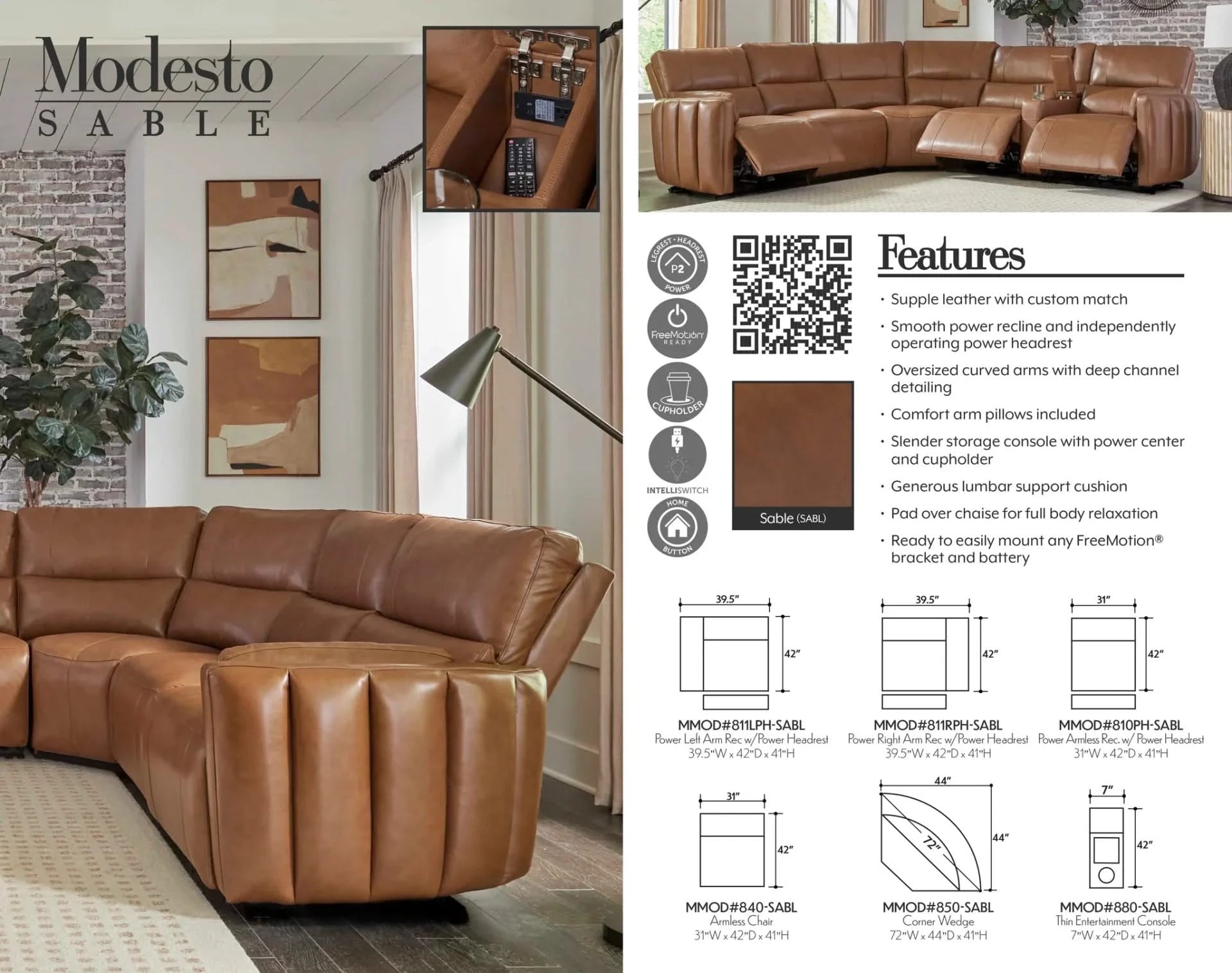 Modway Brown Power Headrest & Reclining 6 PC Modular Sectional with Storage Console, Cup Holders and 2 Arm Pillows