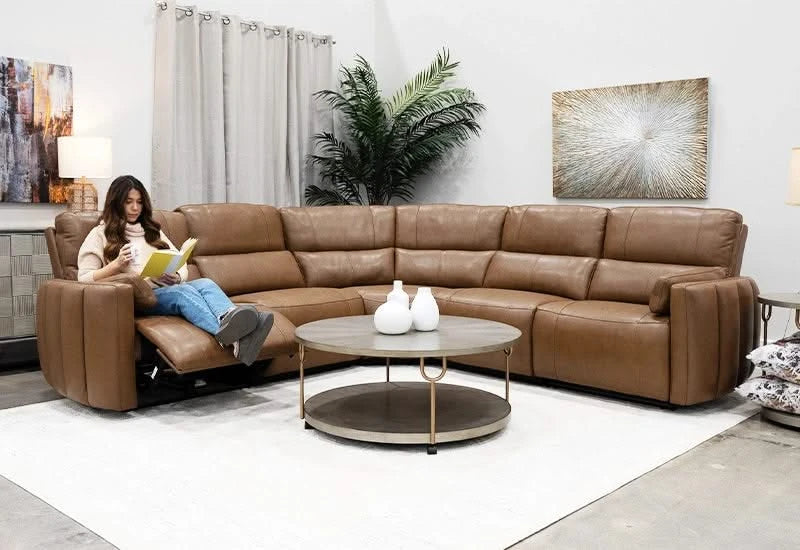 Modway Brown Leather Power Headrest Reclining 5 PC Modular Sectional