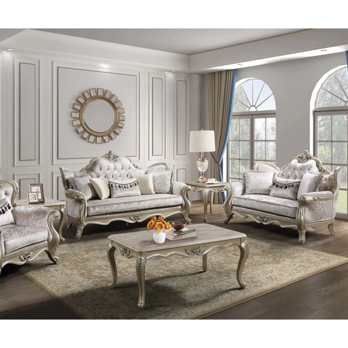 Monique Pearl Silver Victorian Sofa & Loveseat Living Room Set with Ornate Carved Accents