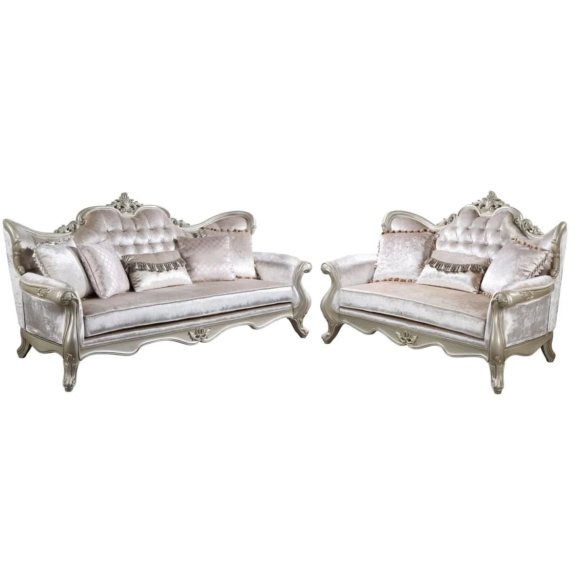Monique Pearl Silver Victorian Sofa & Loveseat Living Room Set with Ornate Carved Accents