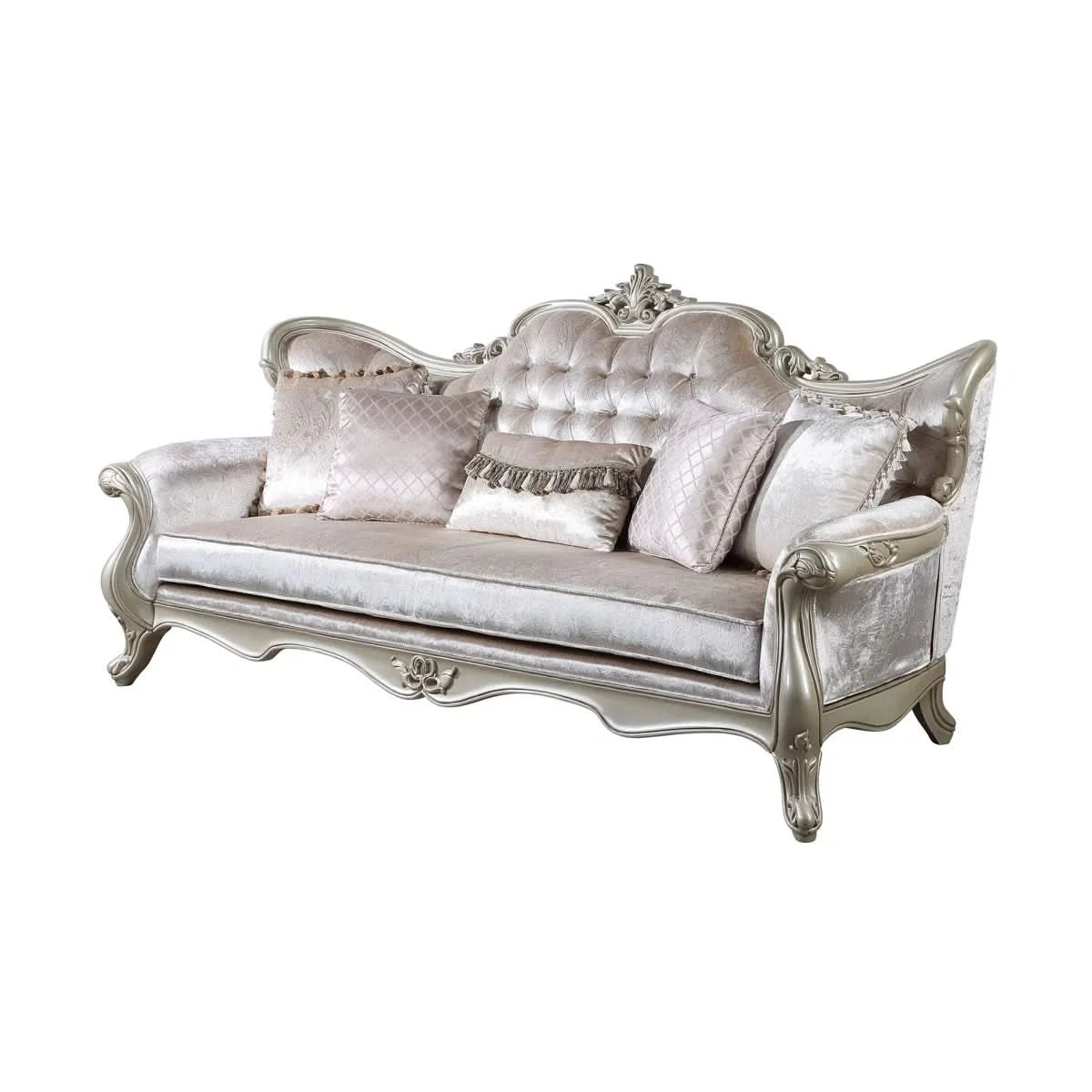 Monique Pearl Silver Victorian Sofa & Loveseat Living Room Set with Ornate Carved Accents