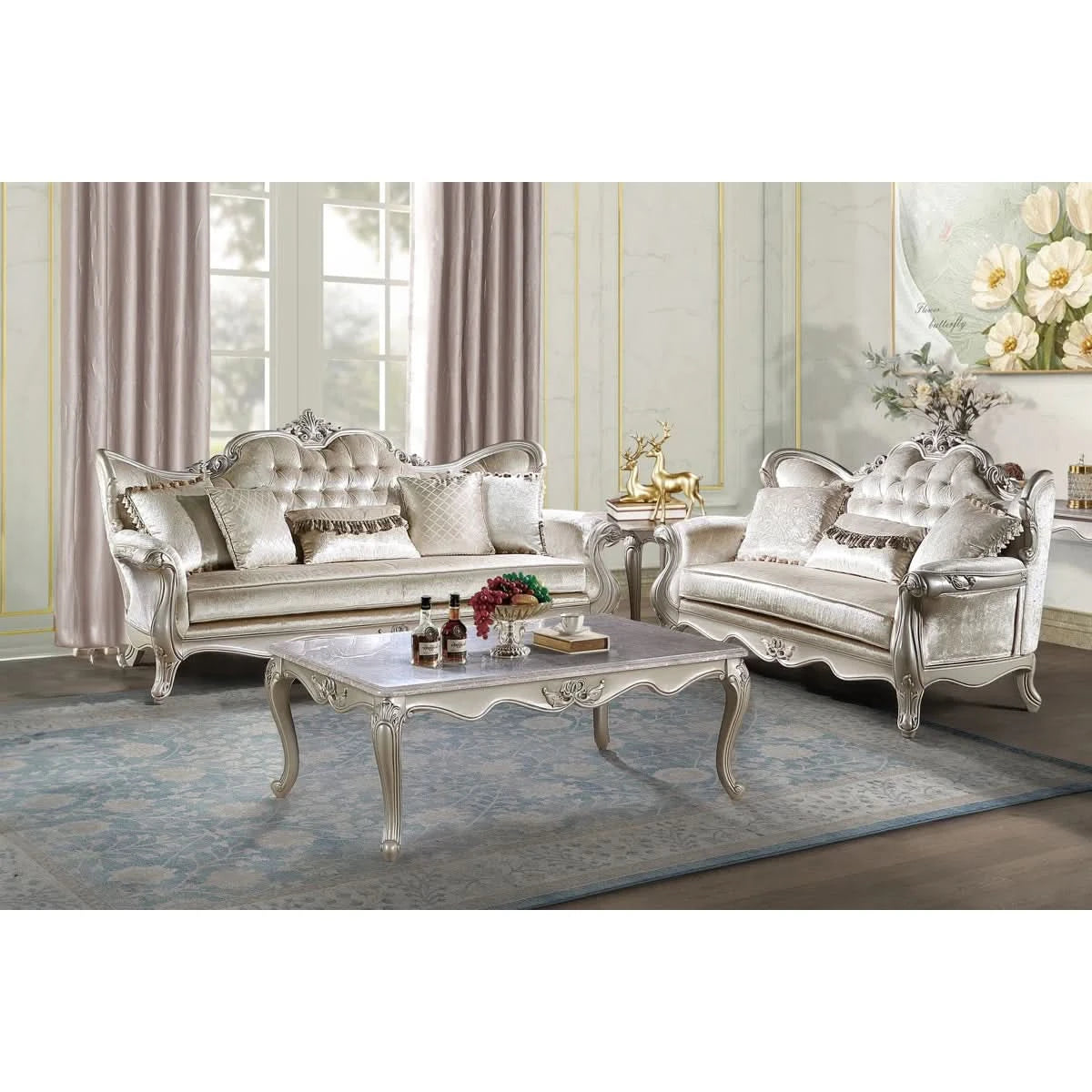 Monique Pearl Silver Victorian Sofa & Loveseat Living Room Set with Ornate Carved Accents