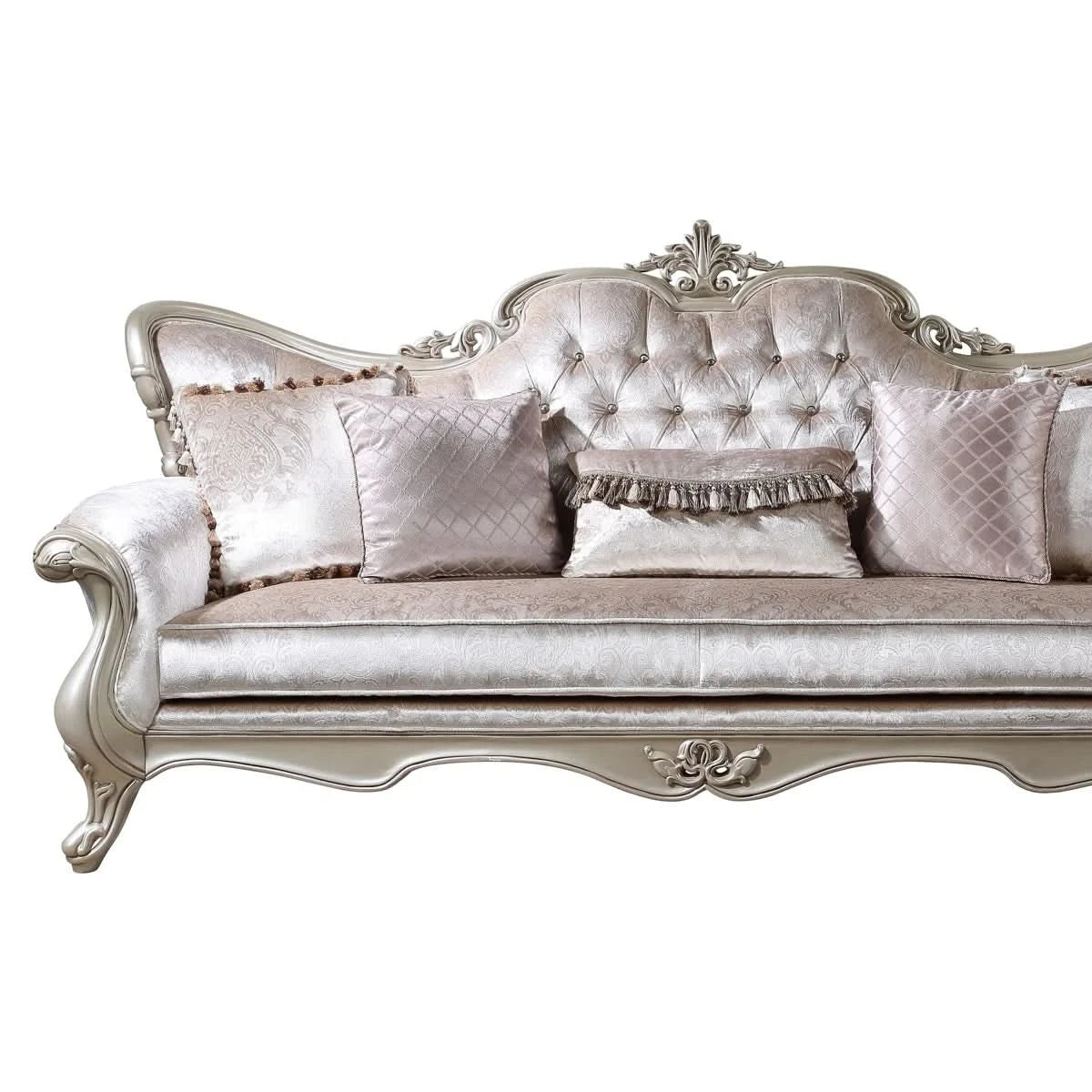 Monique Pearl Silver Victorian Sofa with Ornate Carved Accents