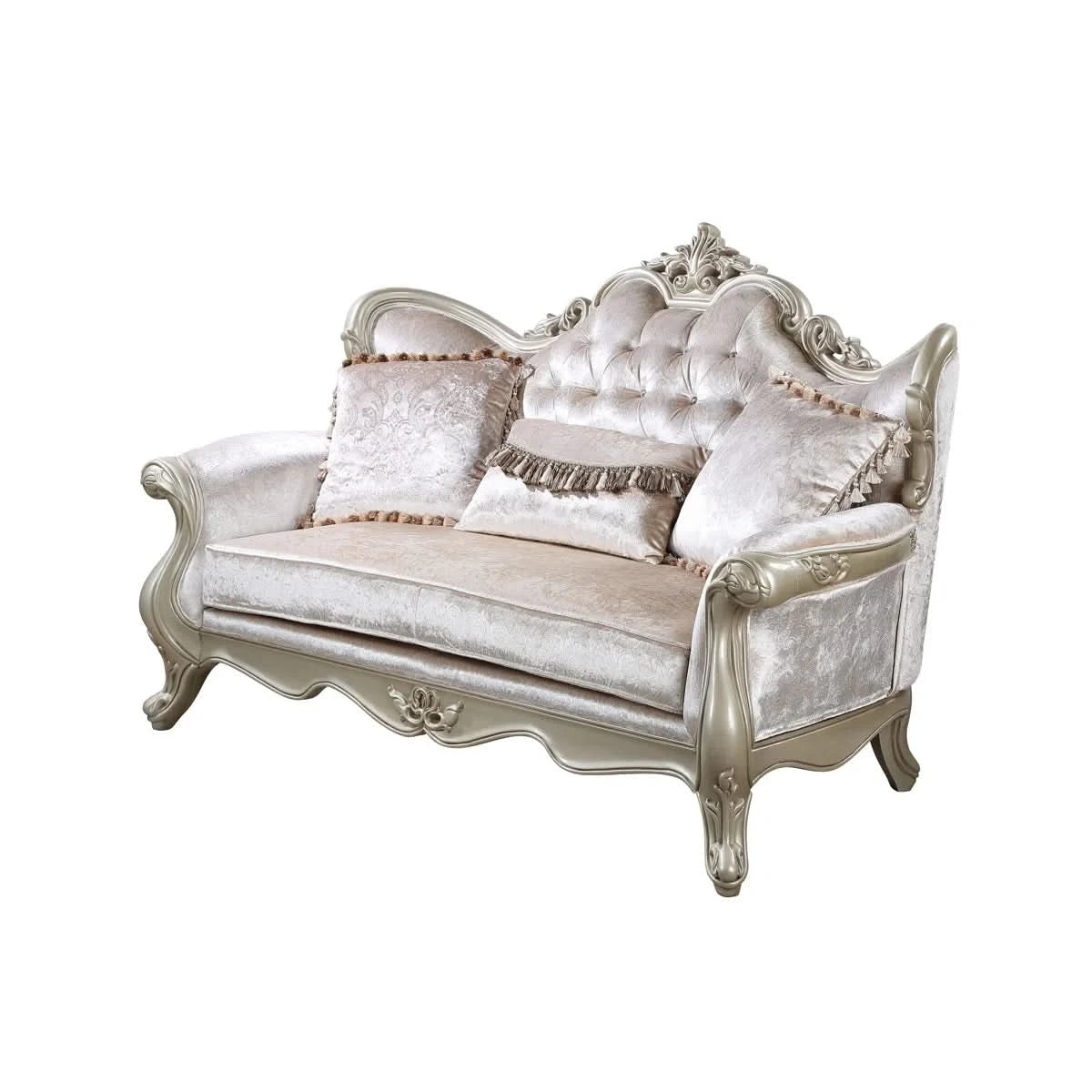 Monique Pearl Silver Victorian Sofa & Loveseat Living Room Set with Ornate Carved Accents