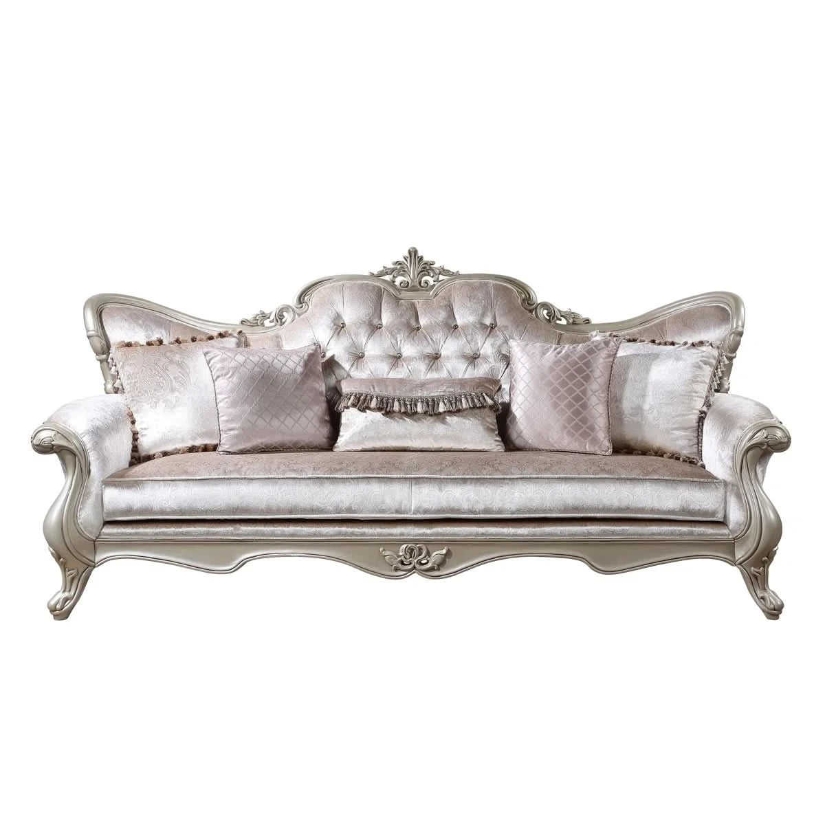 Monique Pearl Silver Victorian Sofa & Loveseat Living Room Set with Ornate Carved Accents