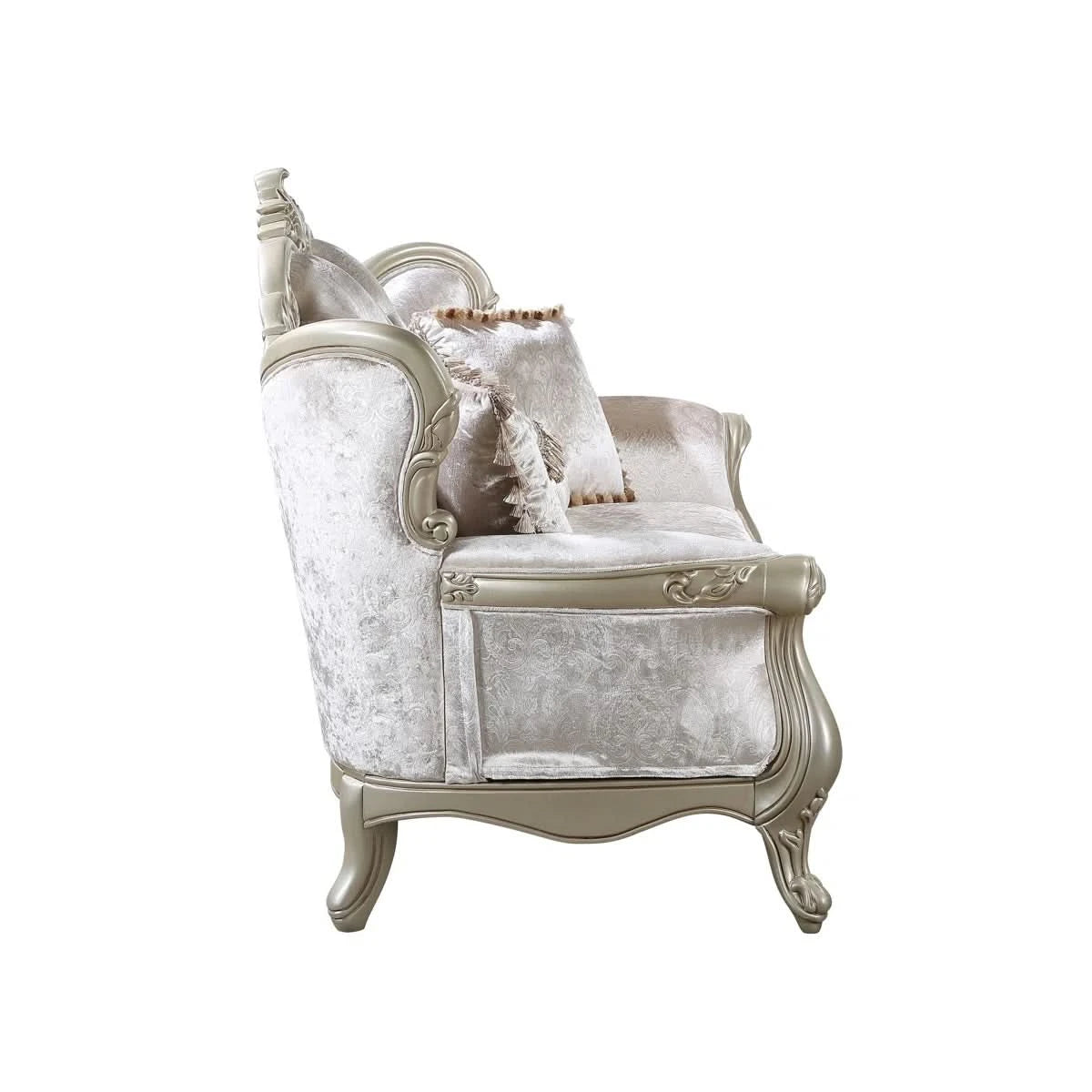 Monique Pearl Silver Victorian Sofa & Loveseat Living Room Set with Ornate Carved Accents