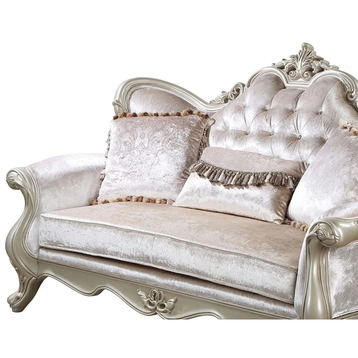 Monique Pearl Silver Victorian Loveseat with Ornate Carved Frame
