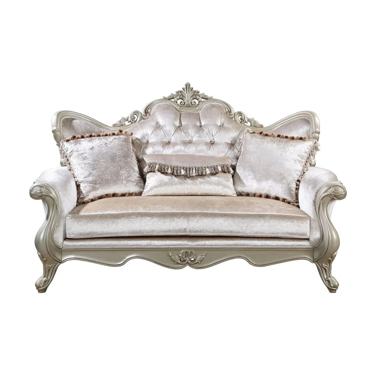 Monique Pearl Silver Victorian Sofa & Loveseat Living Room Set with Ornate Carved Accents