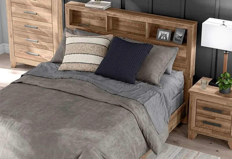 Porto Brown Contemporary Bookcase 5 PC Bedroom Set Includes Bed (Headboard, Footboard and Rails), Dresser and Mirror