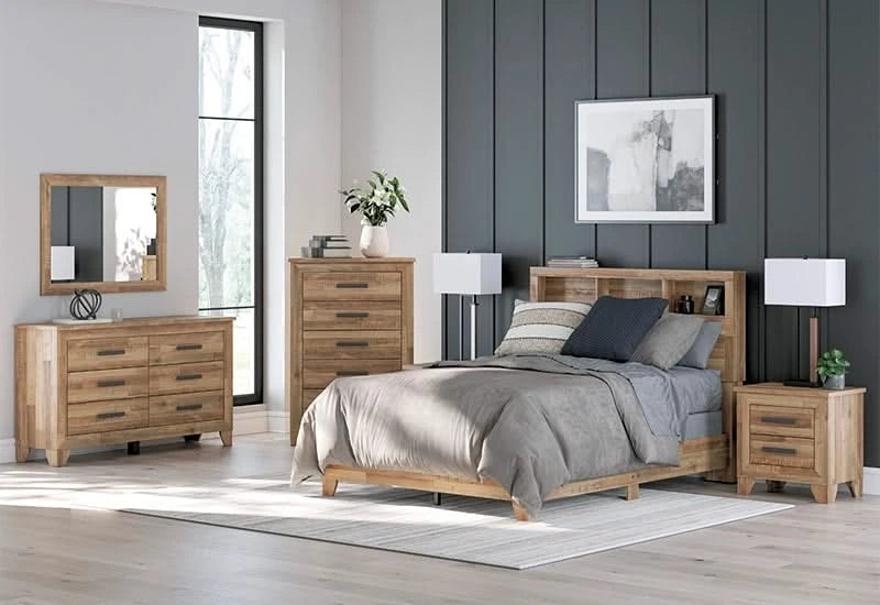 Porto Brown Contemporary Bookcase 5 PC Bedroom Set Includes Bed (Headboard, Footboard and Rails), Dresser and Mirror