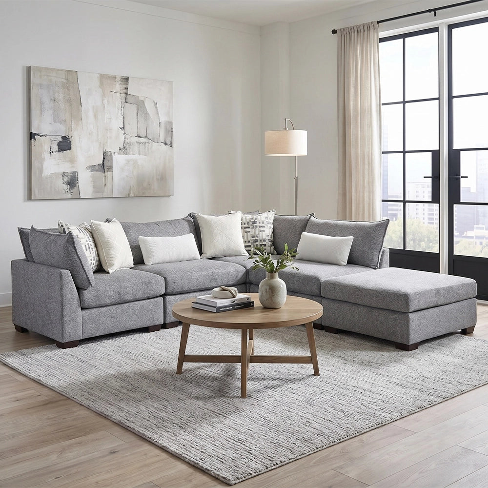Prospect Smoke Gray Modern 5-Piece Modular Sectional with Chaise and Accent Pillows