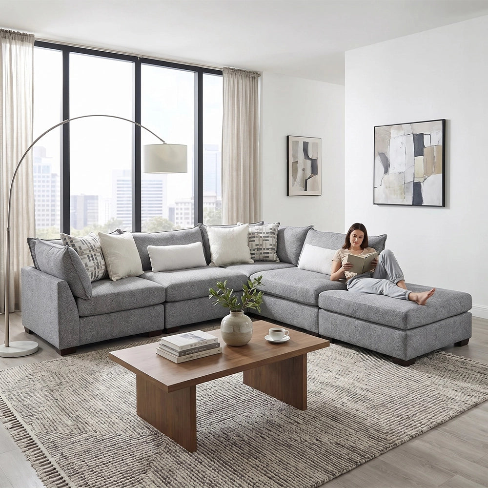 Prospect Smoke Gray Modern 5-Piece Modular Sectional with Chaise and Accent Pillows