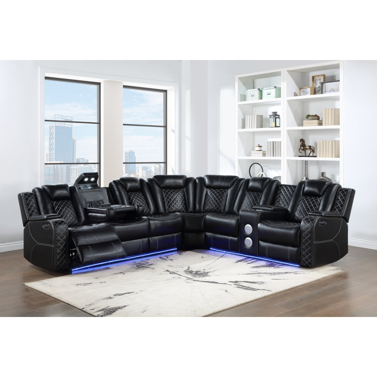 Cleo Black or Dove Contemporary 3PC Power Reclining Sectional with LED Lights Bluetooth Speakers and Cup Holders