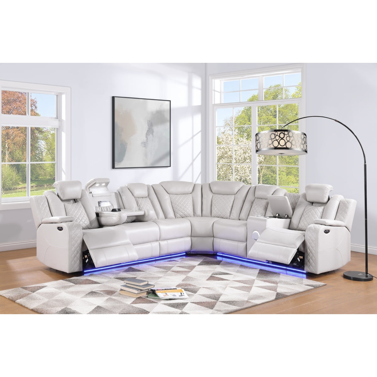 Cleo Black or Dove Contemporary 3PC Power Reclining Sectional with LED Lights Bluetooth Speakers and Cup Holders