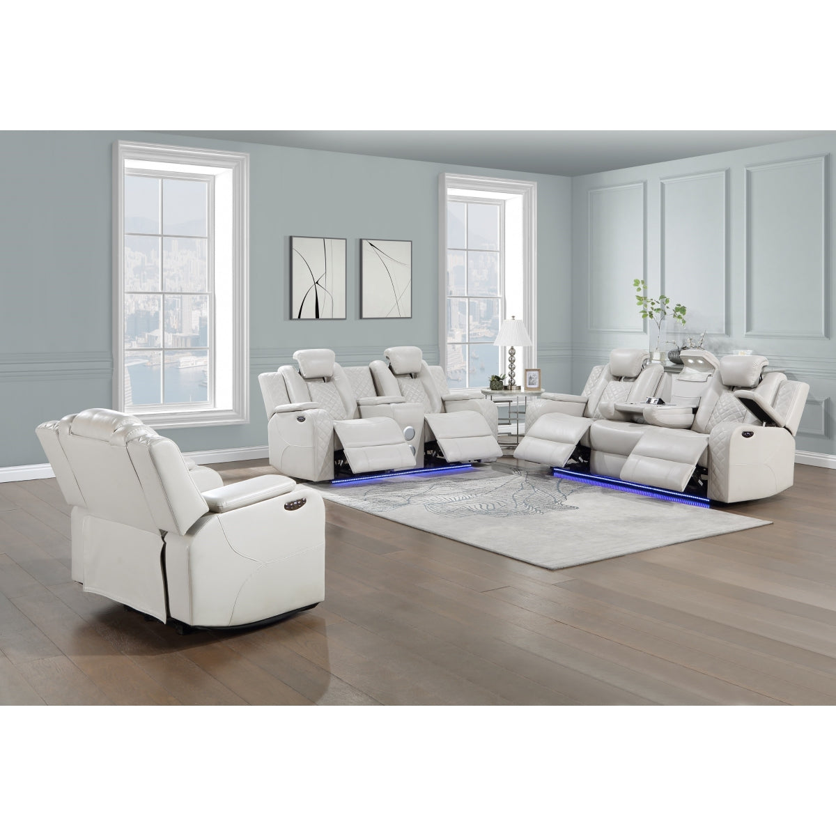 Cleo Black or Dove Contemporary Power Reclining Living Room Set with Power Headrests LED Lights and Bluetooth Speakers