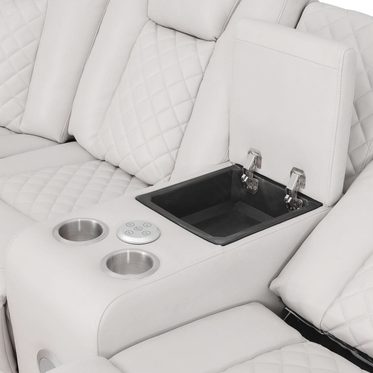 Cleo Black or Dove Contemporary Power Reclining Loveseat with Console Power Headrests LED Lights and Bluetooth Speakers
