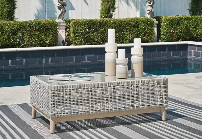 Seton Creek Contemporary Outdoor All Weather Wicker Aluminum Cocktail Table with Tempered Glass Top