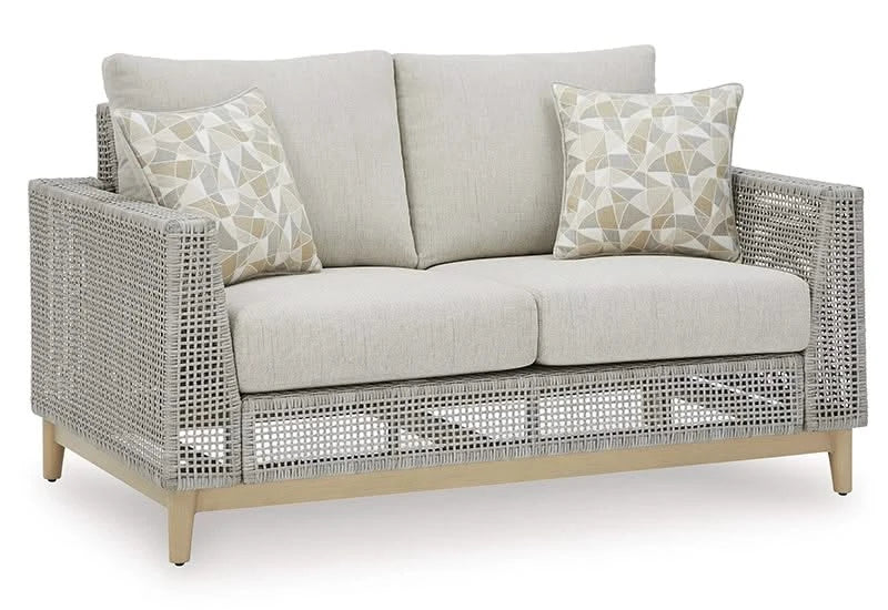 Seton Creek Contemporary Outdoor All Weather Sofa and Loveseat with Cushions and Throw Pillows
