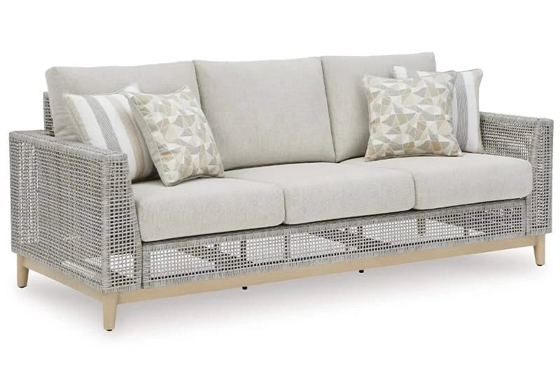 Seton Creek Contemporary Outdoor All Weather Sofa and Loveseat with Cushions and Throw Pillows