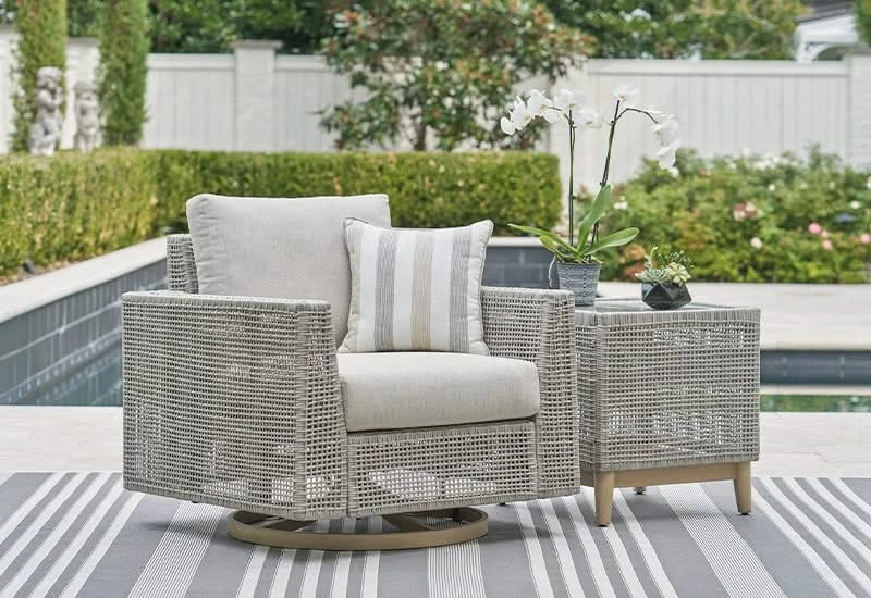 Seton Creek Contemporary Outdoor All Weather Swivel Lounge Chair with Cushions and Throw Pillow