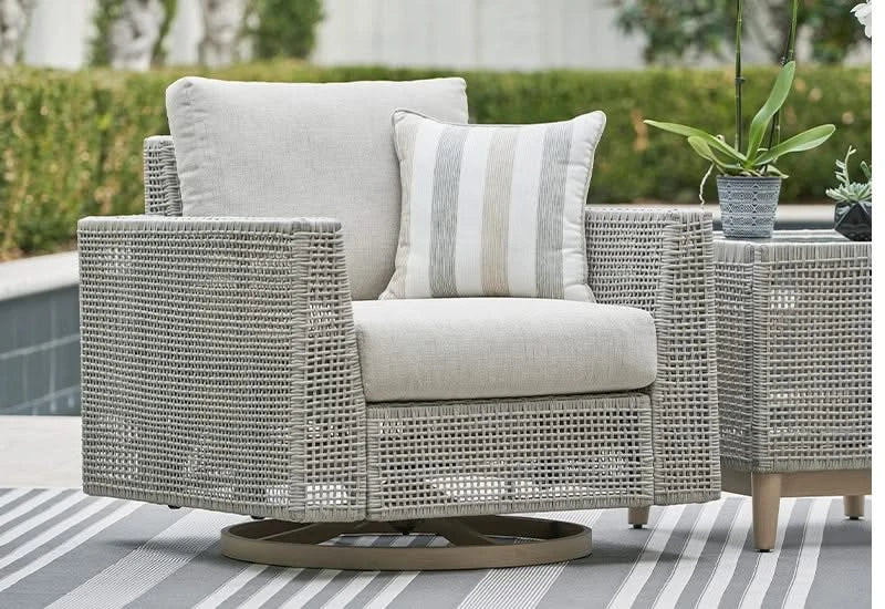 Seton Creek Contemporary Outdoor All Weather Swivel Lounge Chair with Cushions and Throw Pillow