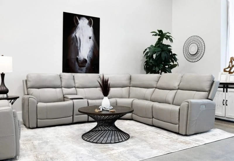 Sorento Dove Gray Leather Triple Power Reclining 6PC Sectional with Storage Console