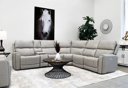 Sorento Dove Gray Leather Triple Power Reclining 6PC Sectional with Storage Console