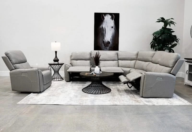 Sorento Dove Gray Leather Triple Power Reclining Sectional with One Storage Console