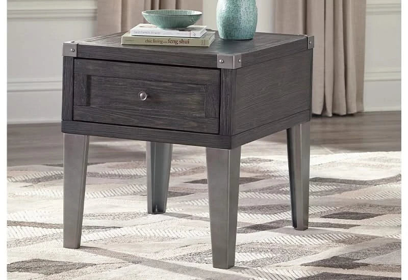 Toldeo Gray Modern Rustic Rectangular End Table with USB Ports and Outlets