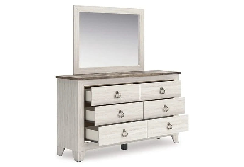 Urus White Rustic Farmhouse 5 PC Bedroom Set Includes Bed (Headboard, Footboard and Rails), Dresser and Mirror