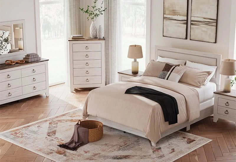 Urus White Rustic Farmhouse 5 PC Bedroom Set Includes Bed (Headboard, Footboard and Rails), Dresser and Mirror