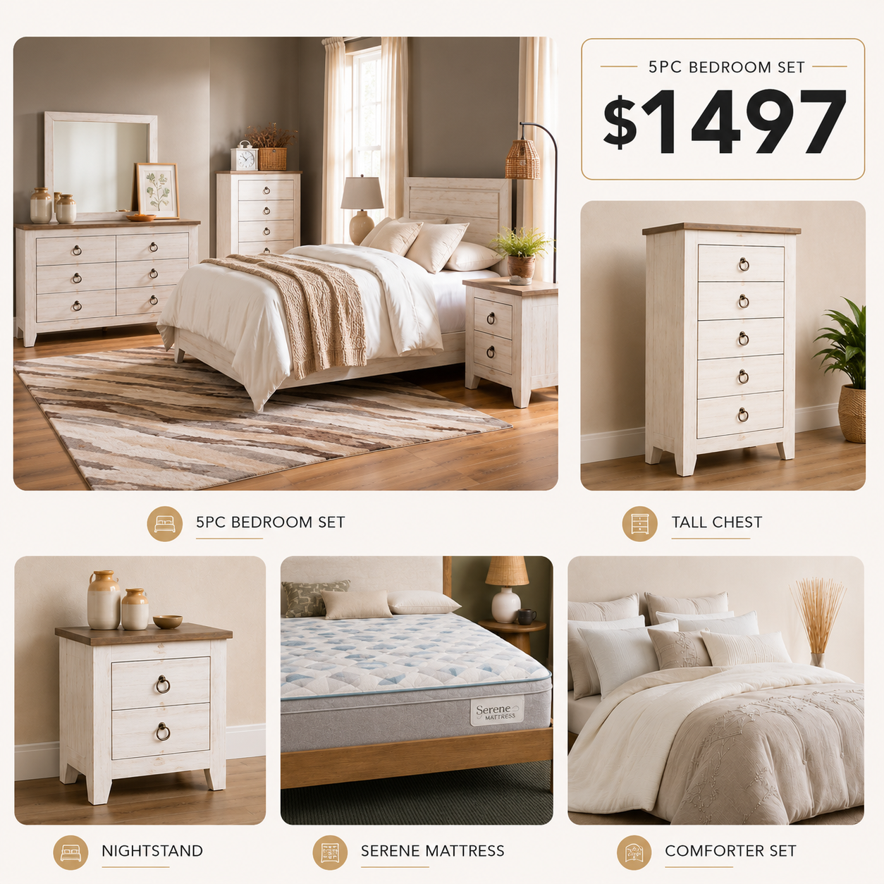 Urus White Rustic Farmhouse 9PC Queen Bedroom Package