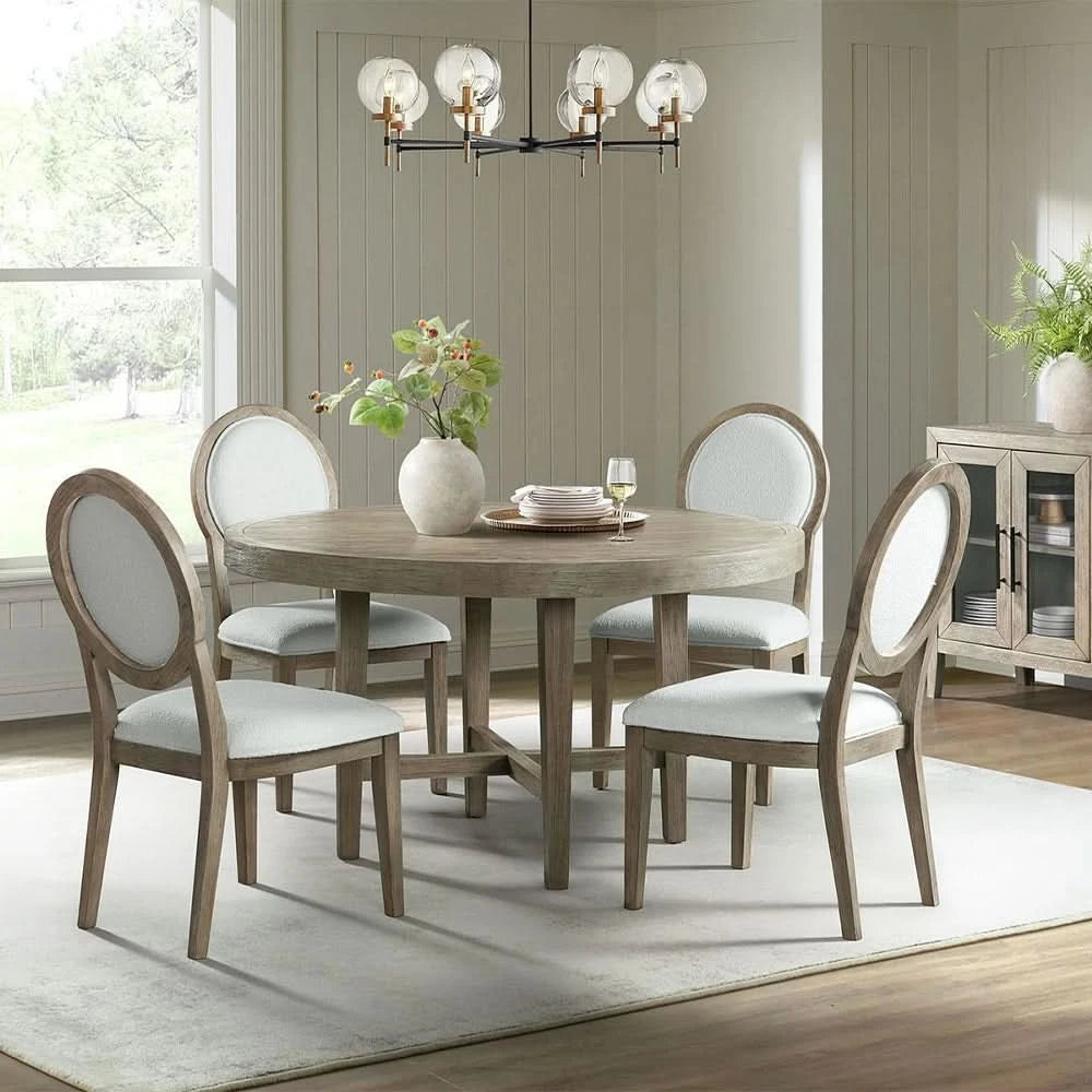 Versailles Grey Oak 5PC Round Dining Set with Boucle Upholstered Chairs