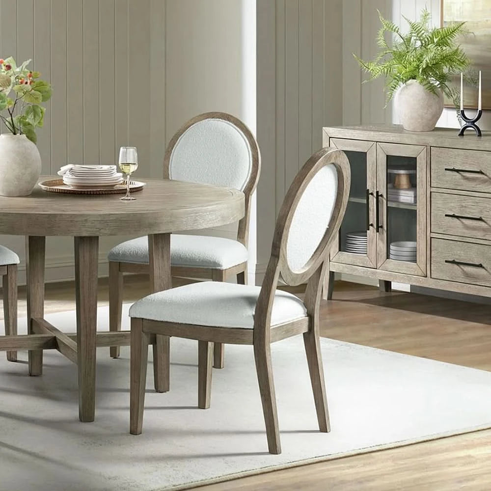 Versailles Grey Oak 5PC Round Dining Set with Boucle Upholstered Chairs