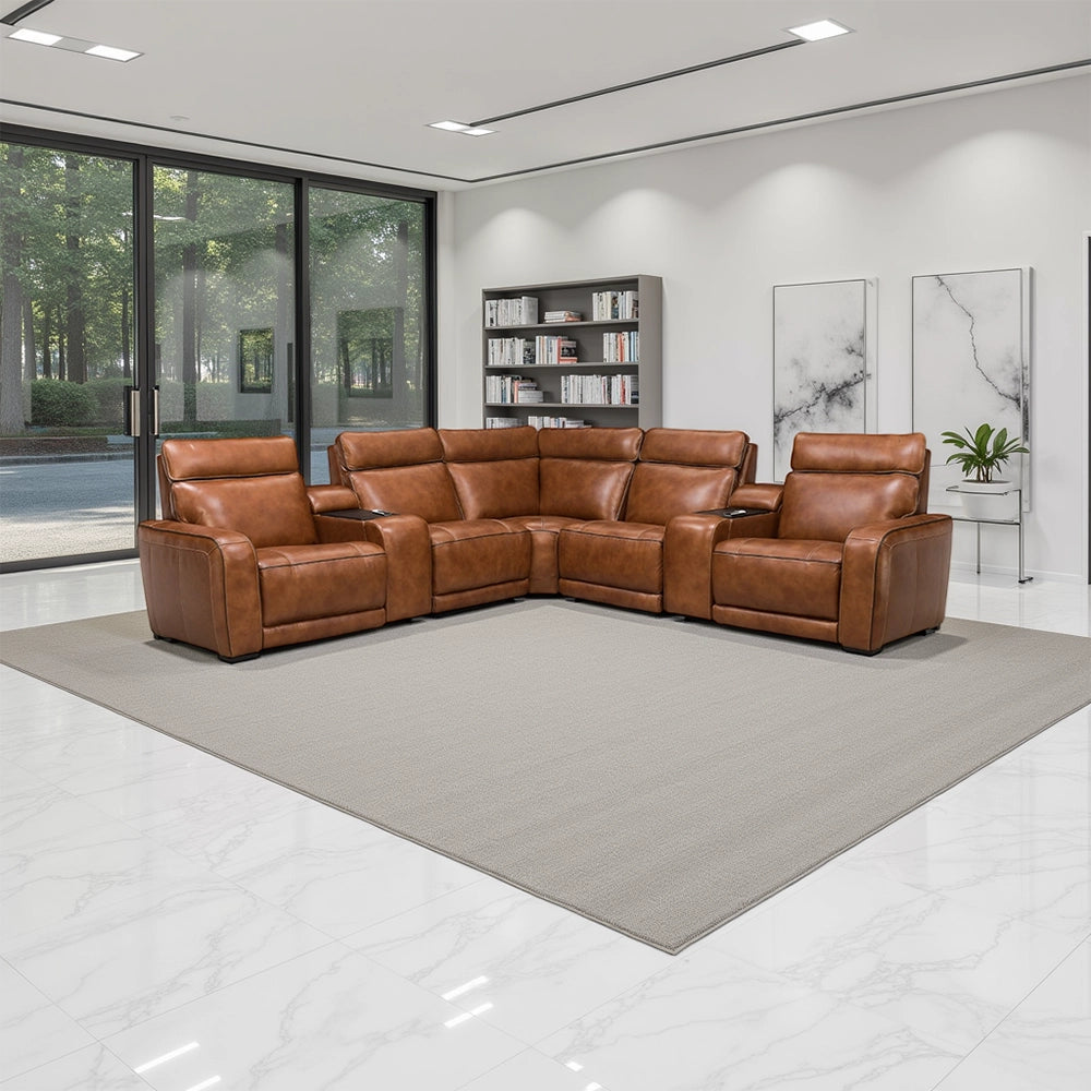 Zeppelin Honey Leather 6-Piece Triple Power Reclining Sectional with One Console and Immersive Audio