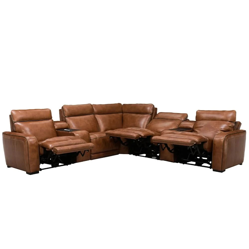 Zeppelin Honey Leather 6-Piece Triple Power Reclining Sectional with One Console and Immersive Audio
