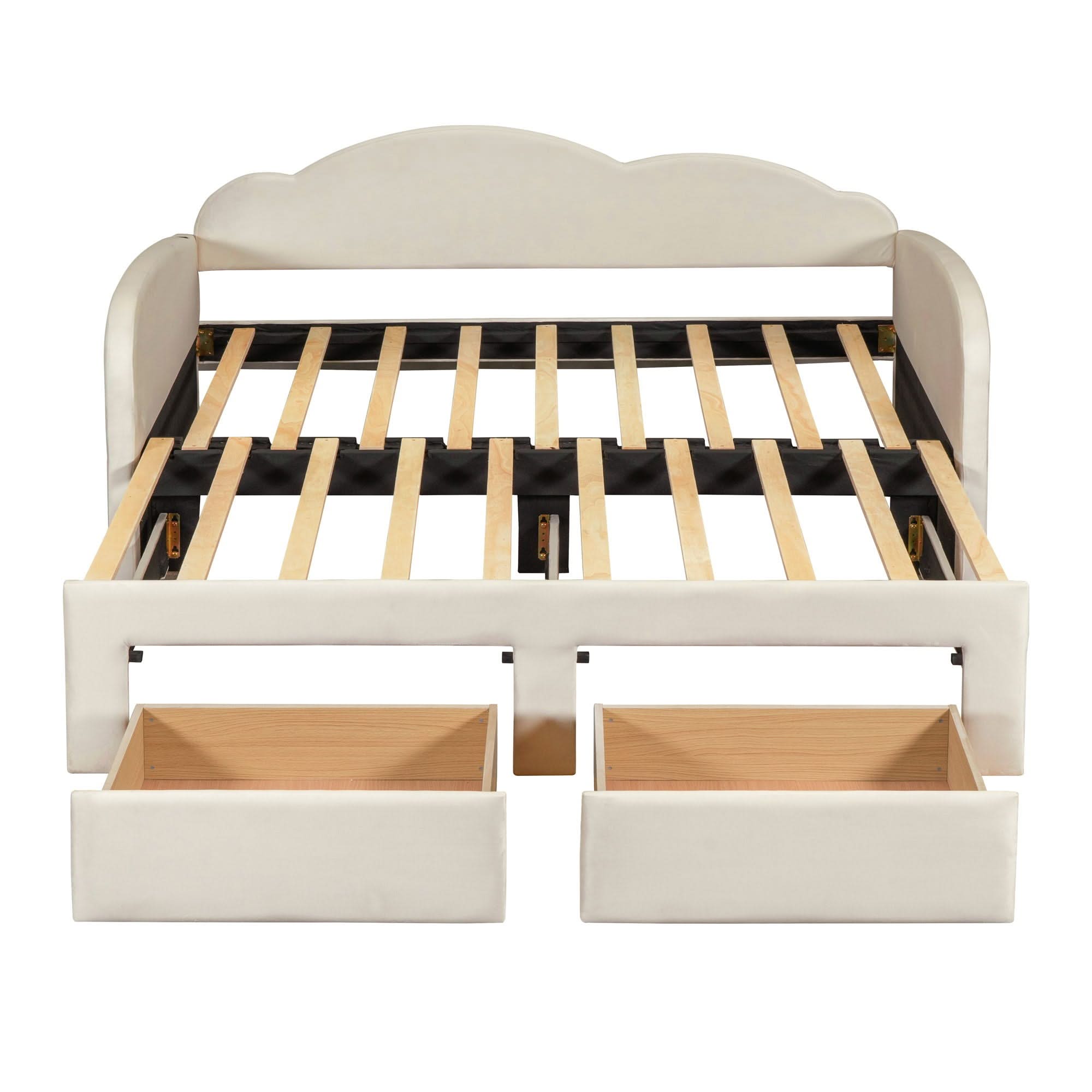 Upholstered Daybed With Cloud-Shaped Backrest, Trundle & 2 Drawers And USB Ports